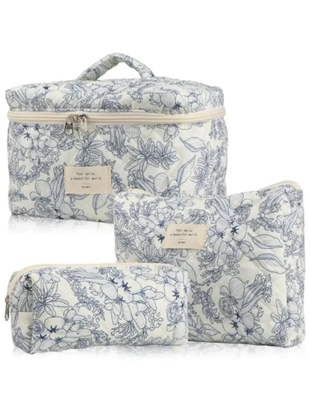 Quilted Floral Makeup Bags Set 2 Pcs Travel Cosmetic Toiletry Organizer Corduroy